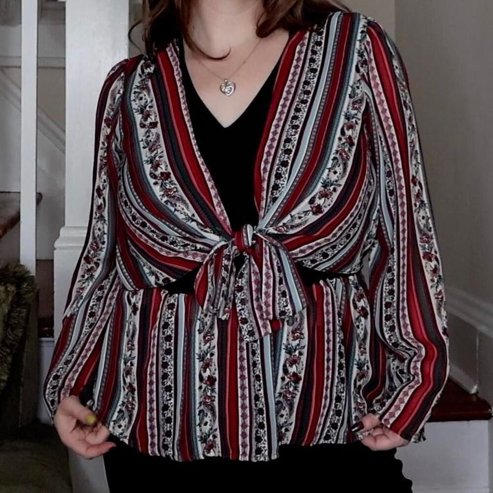 Flare Sleeve Striped Floral Blouse Tie Front Small Ophelia Roe Boho Earthy 2010